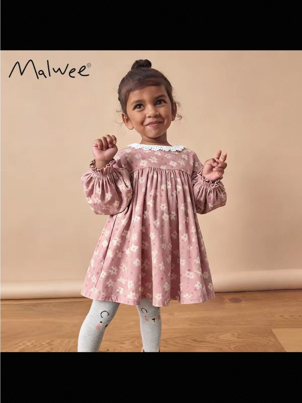Malwee Pink Floral Long Sleeve Dress 5T 110 cm cotton NEW without tags